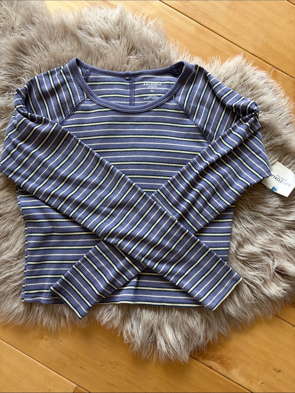 Arizona Jean Company Navy Blue, White & Yellow Striped Long Sleeve Crop Top